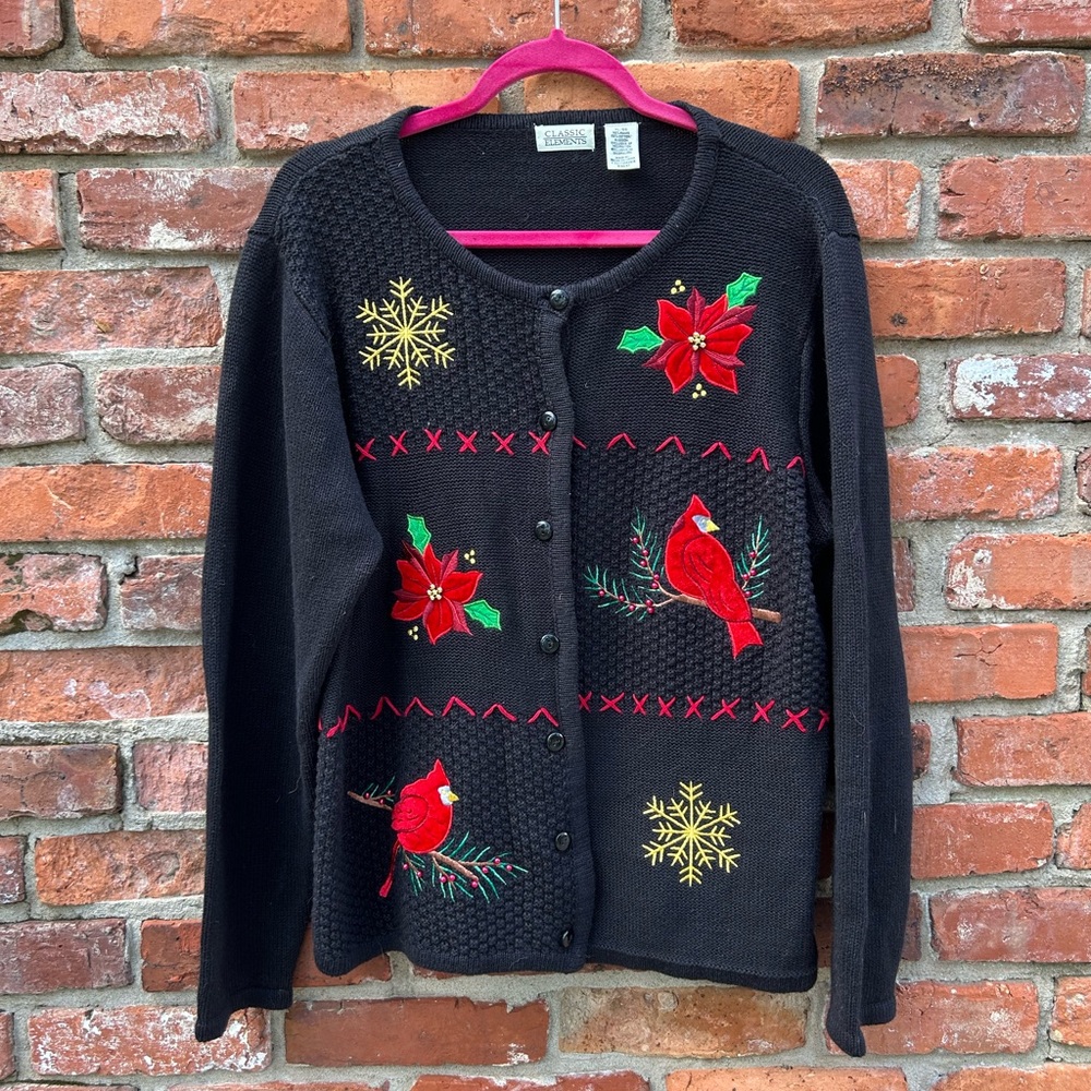 Classic Elements Holiday Black Sweater with Festive Beaded Embroidery XL
